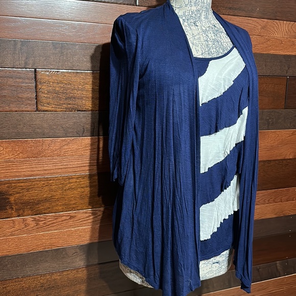 Le Rouge Stretchy Scoop Neck Long Sleeve Navy and White Built in Cardigan Blouse - Picture 2 of 9